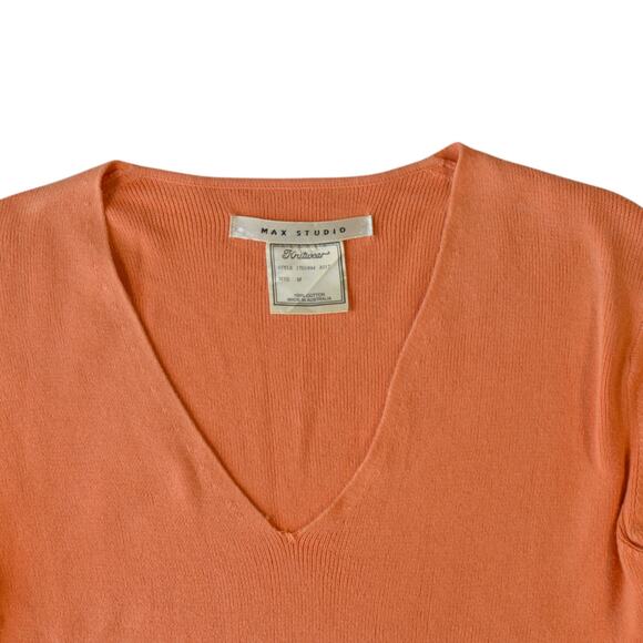 Peach Knit V-Neck Top by Max Studio – Ruffle Hem, 100% Cotton, M - Picture 2 of 7